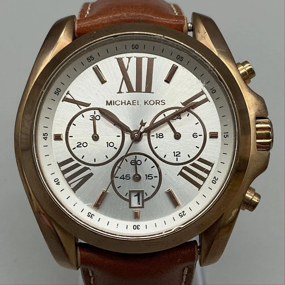 Michael Kors Mens Watch 44mm Silver Tone Leather Chronograph MK-2292 New Battery